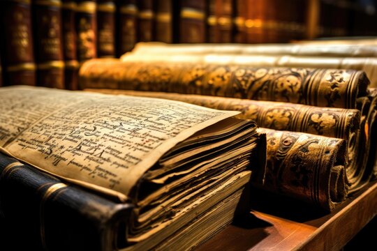A detailed shot of the preserved ancient manuscripts in the Bodleian Library, Oxford.