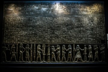 The ancient inscriptions on the Rosetta Stone in the Egyptian Museum, Berlin. - obrazy, fototapety, plakaty