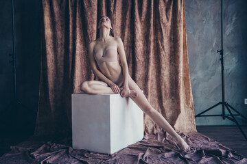 Photo no retouch of gorgeous girl sitting white podium promoting new brand lingerie collection isolated studio background