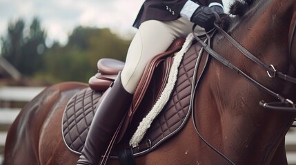 closeup of a saddle with stirrups on the back of a horse - obrazy, fototapety, plakaty