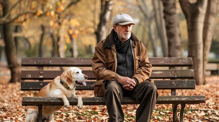a peaceful scene of a blind senior man resting on a park bench accompanied by his faithful labrador...