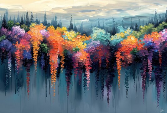 a symphony of colors in a coastal landscape, with a wisteria sky dominating the scene, its ethereal beauty reflected in the shimmering waters below