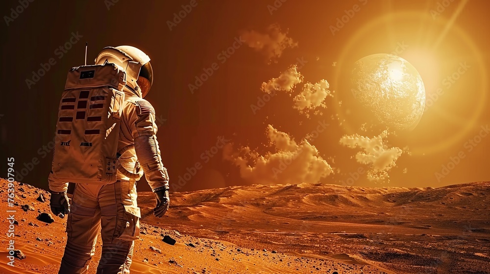 Wall mural an astronaut against the stark backdrop of mars highlights the dawn of space colonization and interp