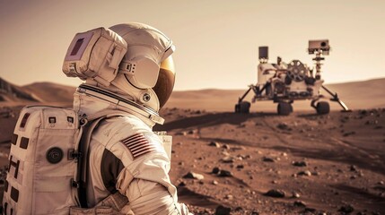 astronaut on mars contemplating the vastness of space and colonization potential - obrazy, fototapety, plakaty