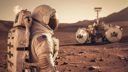 future of space exploration an astronaut gazes at mars research station - obrazy, fototapety, plakaty