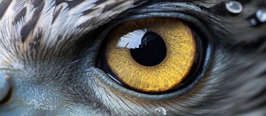a close up of an owl s eye with yellow eyes . High quality - Powered by Adobe