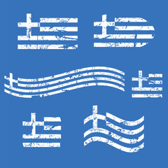 Greece flag set, grunge flags, white isolated on blue background, vector illustration.