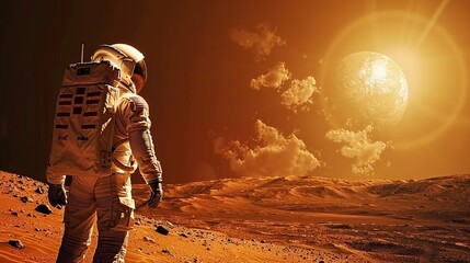 an astronaut against the stark backdrop of mars highlights the dawn of space colonization and interplanetary research - obrazy, fototapety, plakaty
