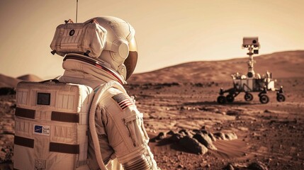 astronaut on the red planet gazes towards the horizon where his base lies as humanity embarks on its first manned mission to mars - obrazy, fototapety, plakaty