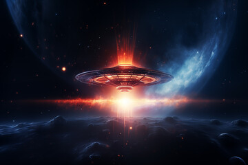 Futuristic alien spaceship traveling in the Universe. Plasma eruption.