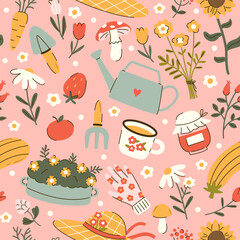 Seamless vector pattern with cute cottagecore illustrations. Spring and summer background. Gardening and countryside lifestyle. Wallpaper, wrapping paper, textile design
