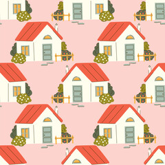 Seamless vector pattern with cute little country cottage in flat style. Cartoon farmhouse background. Countryside building with fence and chimney. Wallpaper, wrapping paper design