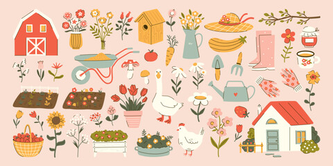 Set of cute cottagecore illustrations. Farmhouse, barn, crops, flowers, goose and chicken. Gardening and countryside lifestyle. Spring and summer village. Vector graphic