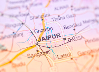 Jaipur on a map of India with blur effect.