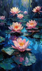 delicate beauty of garden reflections, with water lilies and purple flowers mirrored on the shimmering surface of a tranquil pond against a backdrop of soft blue hue