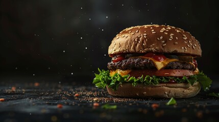 beefy juicy hamburger on a dark background offering ample room for advertising copy or culinary...