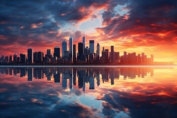 a city skyline with a reflection of a sunset