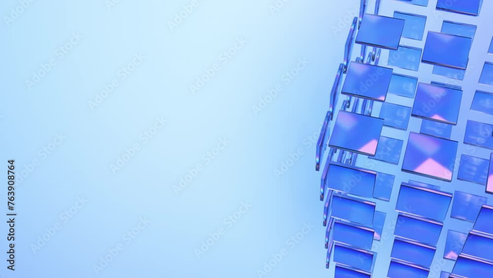 Poster blue minimalist translucent cube of glass blocks rotate on light blue background. 3d render animatio