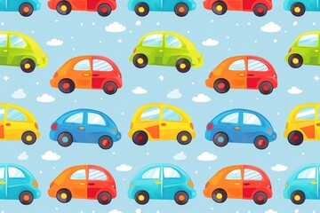 Abstract funny car toys seamless pattern banner, wallpaper for kids, bright colors over blue background. Wrapping paper for presents, isolated png. Baby linen, clothes and products for children