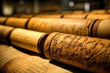 A close-up of the preserved ancient scrolls in the National Archives, Washington D.C. - obrazy, fototapety, plakaty