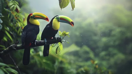 Foto auf Glas in the dense greenery of a central american rainforest a toucan with an iconic bill sits atop a branch a testament to costa ricas rich biodiversity © CinimaticWorks