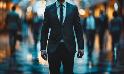 leader businessman in suit in with blured team people in office, successful teamwork and confident manager