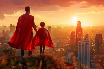 Back view of dad and son in superhero capes overlooking city at sunset