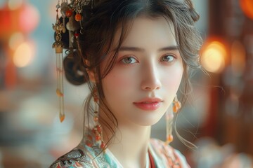 Chinese women wearing Hanfu, full body photos, background of ancient architecture, close-up best lighting