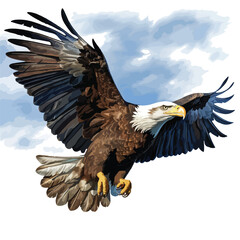 A bald eagle soaring majestically against a blue sky