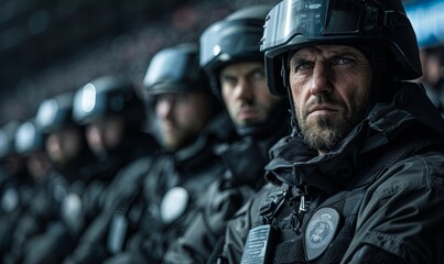 Fototapeta premium Security group with team security background. Security focus in football stadium