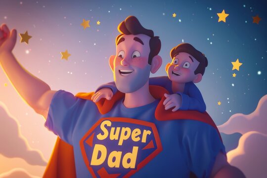 Illustration of father and son as superheroes with 'Super Dad' emblem