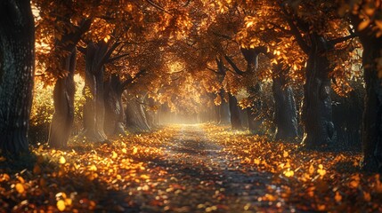 Autumn Alley with Beautiful Golden Colors and Leaves. Foliage, Leaf, Fall, Forest, Tree, Path,...