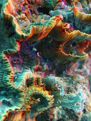 Obraz premium A picture of a fractal weird underwater. dreamy and colorful style pattern and texture. surreal poster design. corals and fishes and jellyfish. holes and swirls. illusion structure, AI Generated.