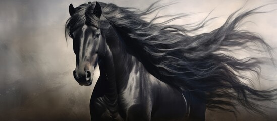 A majestic black horse with a flowing mane gallops freely in the wind, its liquid black eyes glistening. The landscape painting captures its terrestrial beauty and wild spirit