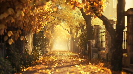 Autumn Alley with Beautiful Golden Colors and Leaves. Foliage, Leaf, Fall, Forest, Tree, Path,...