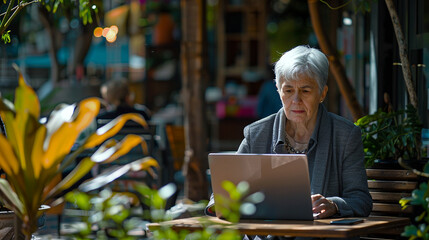 Elderly woman concentrating on work at laptop in outdoor cafe. Mature professional embracing technology, remote working lifestyle. Active retirement with digital engagement - obrazy, fototapety, plakaty