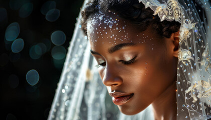 Tender and sensual dark-skinned bride girl at the wedding ceremony.