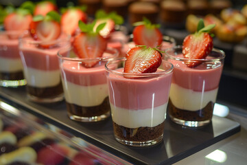 Strawberry mousse in layers with chocolate biscuit base. Elegant sweet dessert for catering, events, cafes. Gourmet indulgence, luxurious patisserie for celebrations