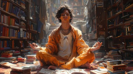  a smart guy with glasses and bright clothes engaging in meditation in a brightly lit library setting, with books lining the shelves, representing the pursuit of knowledge and enlightenment - obrazy, fototapety, plakaty
