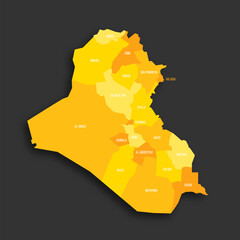 Iraq political map of administrative divisions - governorates and Kurdistan Region. Yellow shade flat vector map with name labels and dropped shadow isolated on dark grey background.