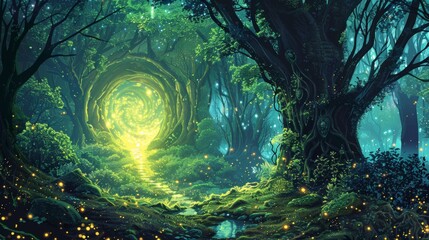 Mystical Forest Journey to a Glowing Divine Portal - obrazy, fototapety, plakaty