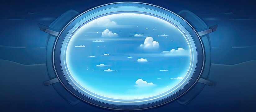 A circular window frames a serene view of fluffy clouds in the expansive sky