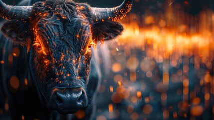 Background image depicting a bullish sentiment in stock trading, with a bull statue representing strength and upward movement in market prices - obrazy, fototapety, plakaty