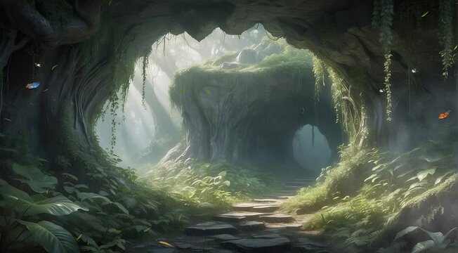 Enchanted Hideaway: 4K Video Loop of Old Cave Amidst Forest, Moss, and Lush Trees