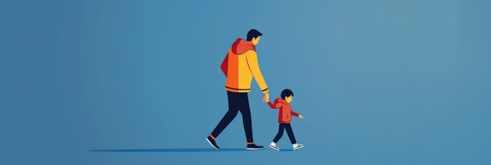 Modern illustration of father walking with his young son in colorful attire against blue backdrop