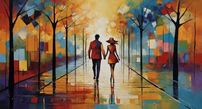 Fototapeta Painting art of Young couple walking