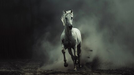captured in a moment of wild abandon a white horse runs with unbridled energy kicking up dust that mingles with the dark shadows of the background