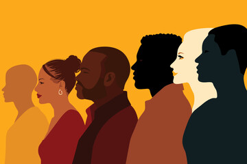 Silhouette profile group of men and women of diverse culture. Diversity multi-ethnic and multiracial people. Concept of racial equality and anti-racism. Multicultural society. Friendship