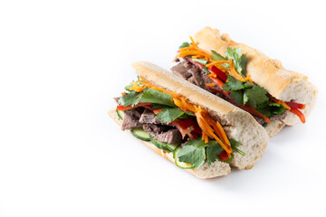 Vietnamese banh mi sandwich isolated on white background. Copy space