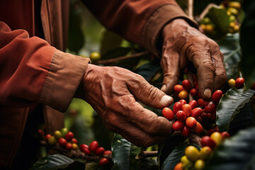 the hands of a farmer collecting coffee beans directly from the plant in a coffee plantation - obrazy, fototapety, plakaty